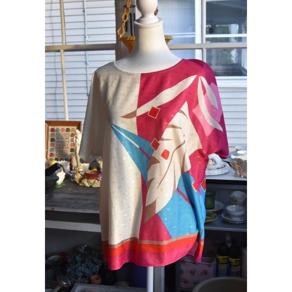 Vintage 1970s Vera Neuman Graphic Blouse Colorful Abstract SS Size Large
